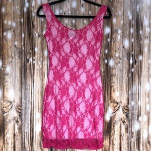 Discovery Objex Hot Pink Lace Overlay Tank Dress